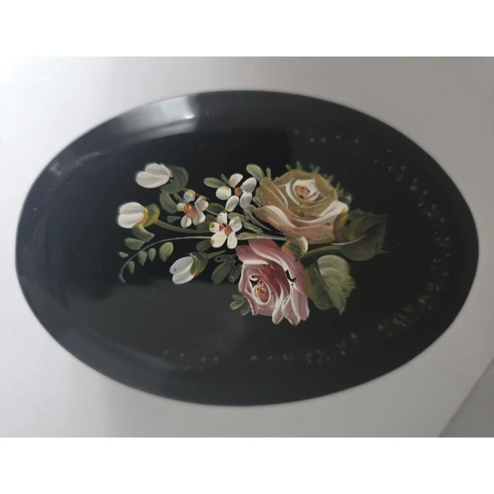Vintage Portuguese Hand Painted Black Ceramic Floral Trinket Box